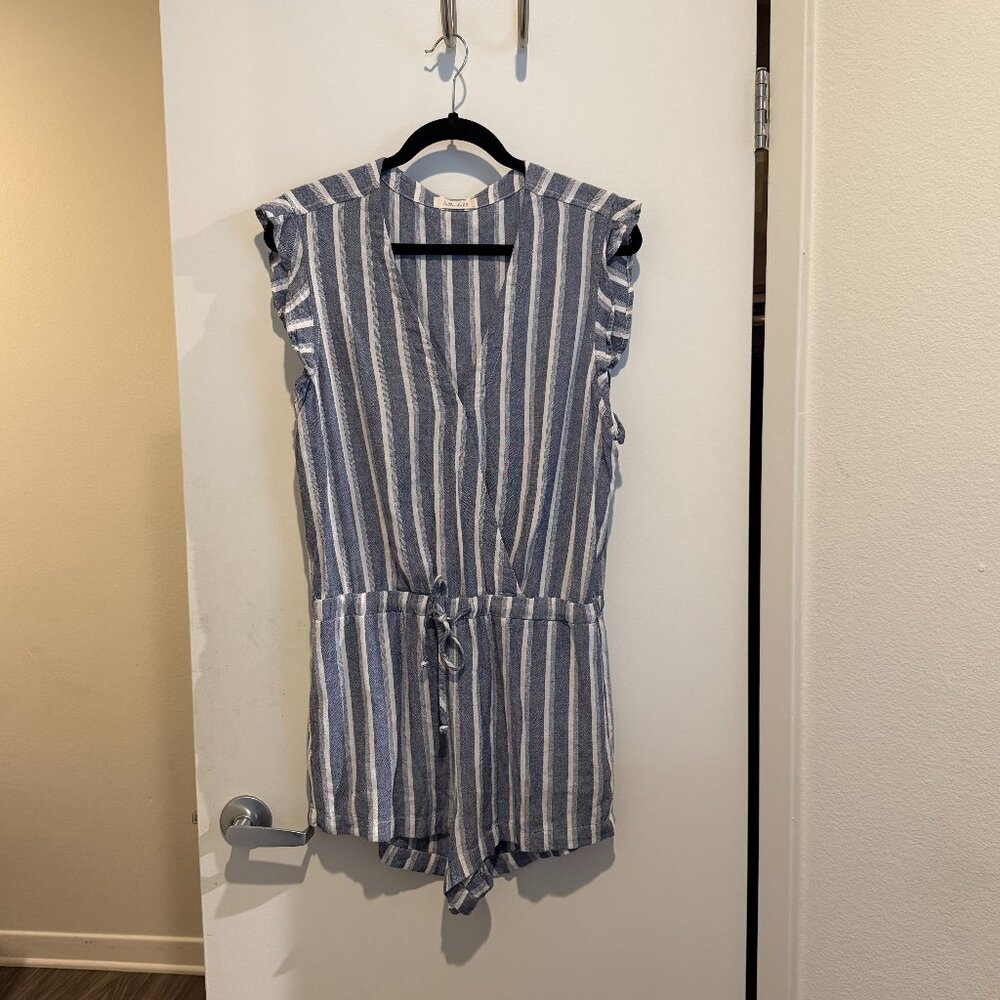 Bella Dahl Blue White Striped Ruffle Sleeve Romper V-Neck Medium - Picture 6 of 10